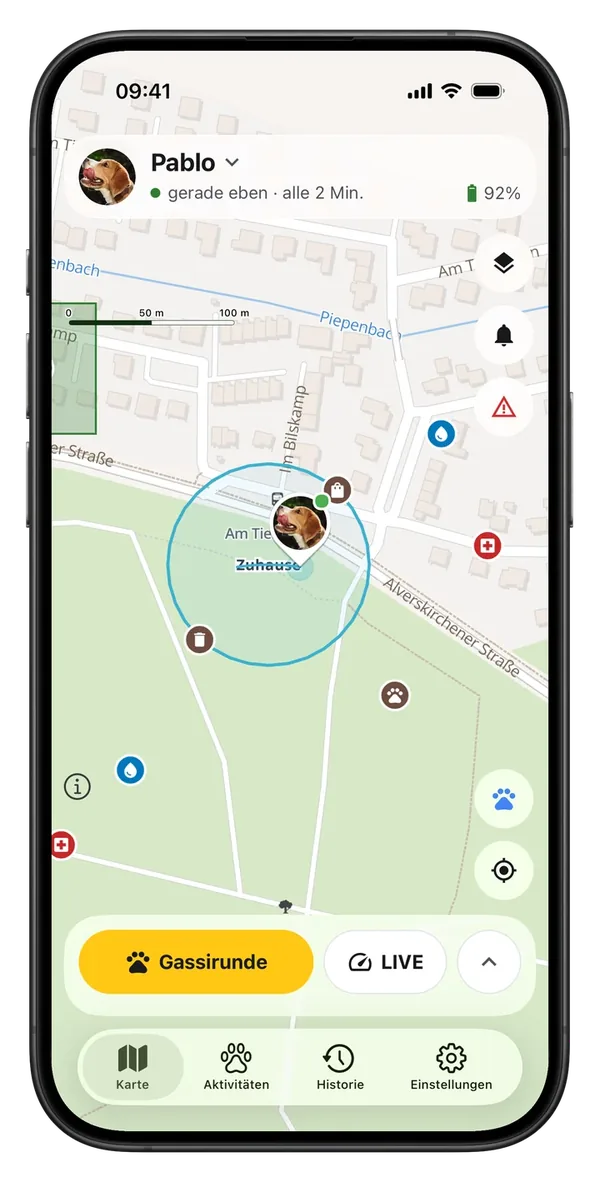 LocoGPS Hundekarte mit Kotbeuteln, Hundewiesen, Trinkwasser und Tierärzten