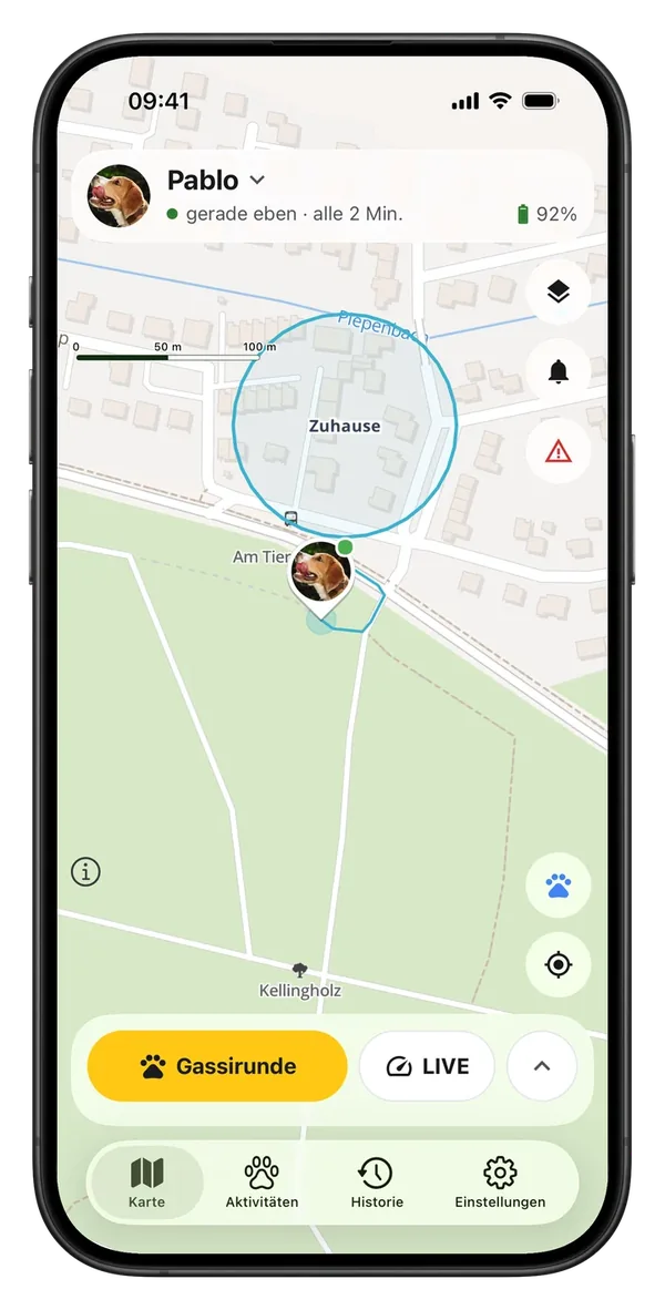 LocoGPS Karte, Pablo hat den Geozaun Zuhause verlassen